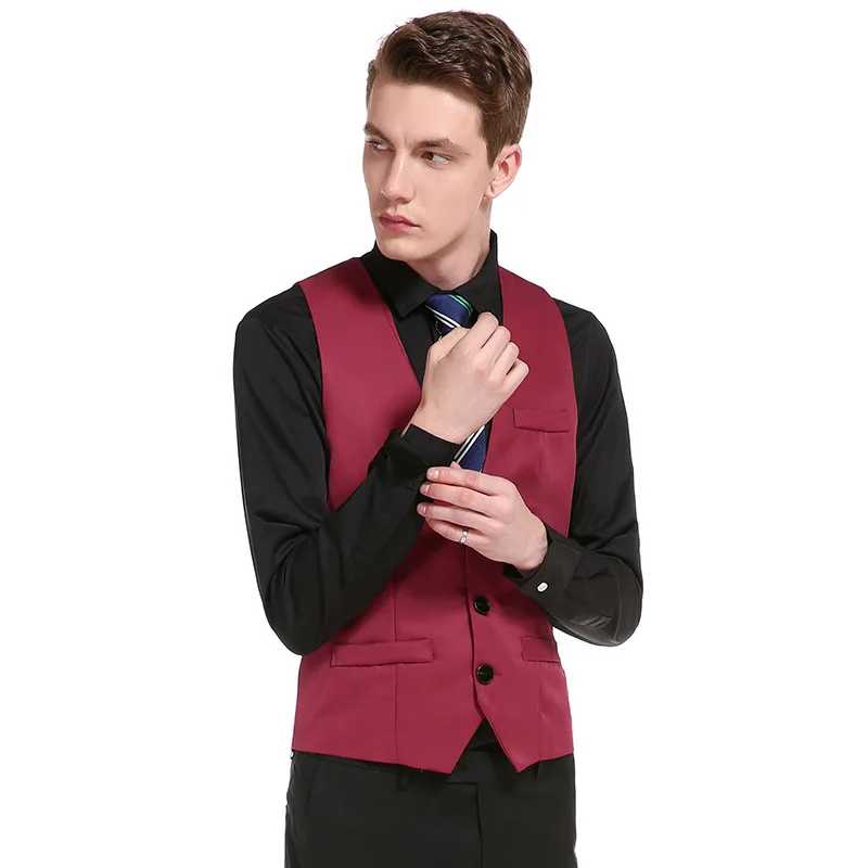 Стиль Мужская мода Slim Fit однорядные три пряжки сплошной цвет джентльмен костюм жилет M16