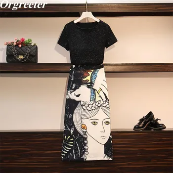 

2020 Summer WomenAbstract character print Skirt Sets Two Piece Set Shinny Black Tshirt & Bodycon Long Skirt Set Elegant Outfits