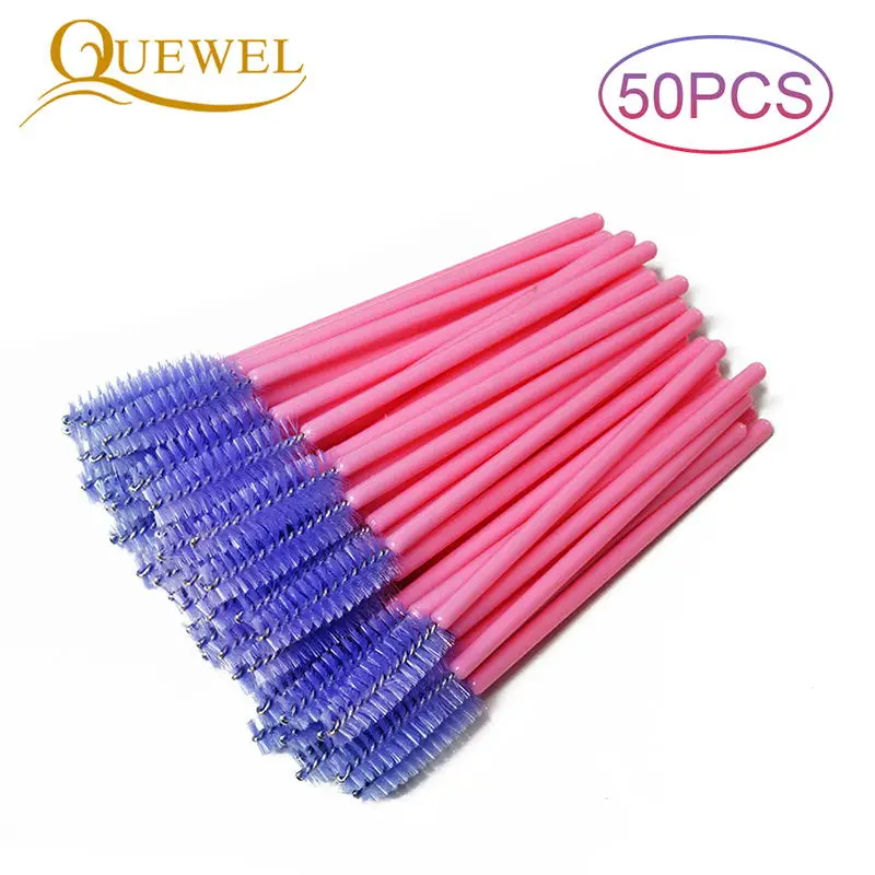 50PCS blue1-pink Quewel наращивание ресниц одноразовые щеточки с тушью для ресниц палочка аппликатор ресницы Косметическая щетка для основы кисти для макияжа инструменты - Handle Color: 50PCS blue1-pink