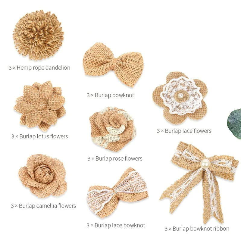 24Pcs Burlap Flowers,8 Styles Natural Handmade Rustic Rose Flower Bowknot With Faux Pearls For Diy Craft Bouquets Home Wedding C