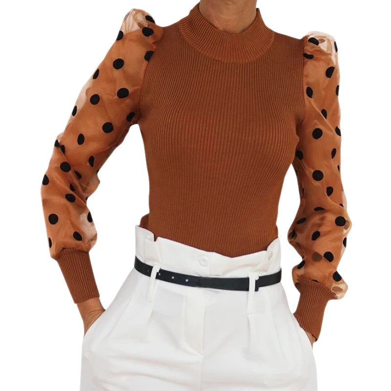 

Autumn Women Polka Dot Pattern Puff Sleeve Shirt Patchwork Knitted Jumpsuit Bodysuit Romper Casual T-shirt Top Sweater