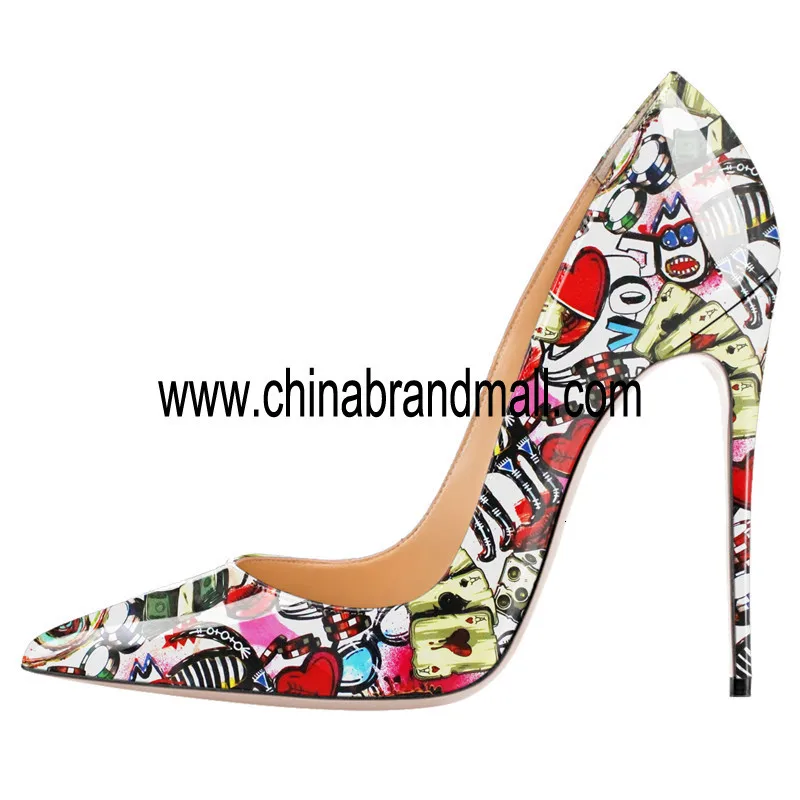 

Graffiti High Heels Patent Leather Printed Pumps Women Shoes Luxury Brand Designers Shoes 12cm Stiletto Heel Large Size 45