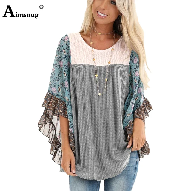US $10.03 Plus Size Boho Half-Sleeve Print Splice Women's Sweaters Pullovers O Neck Loose 2019 Casual Autumn