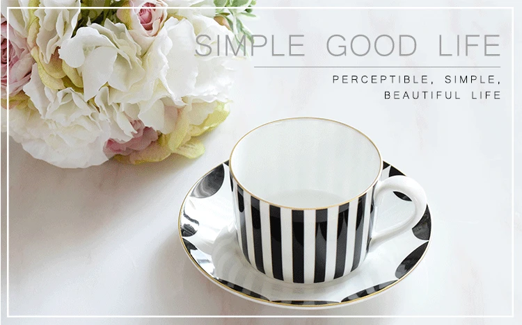 Black and white European style coffee cup bone china coffee cup saucer set simple fashion afternoon flower tea cups mx12061613