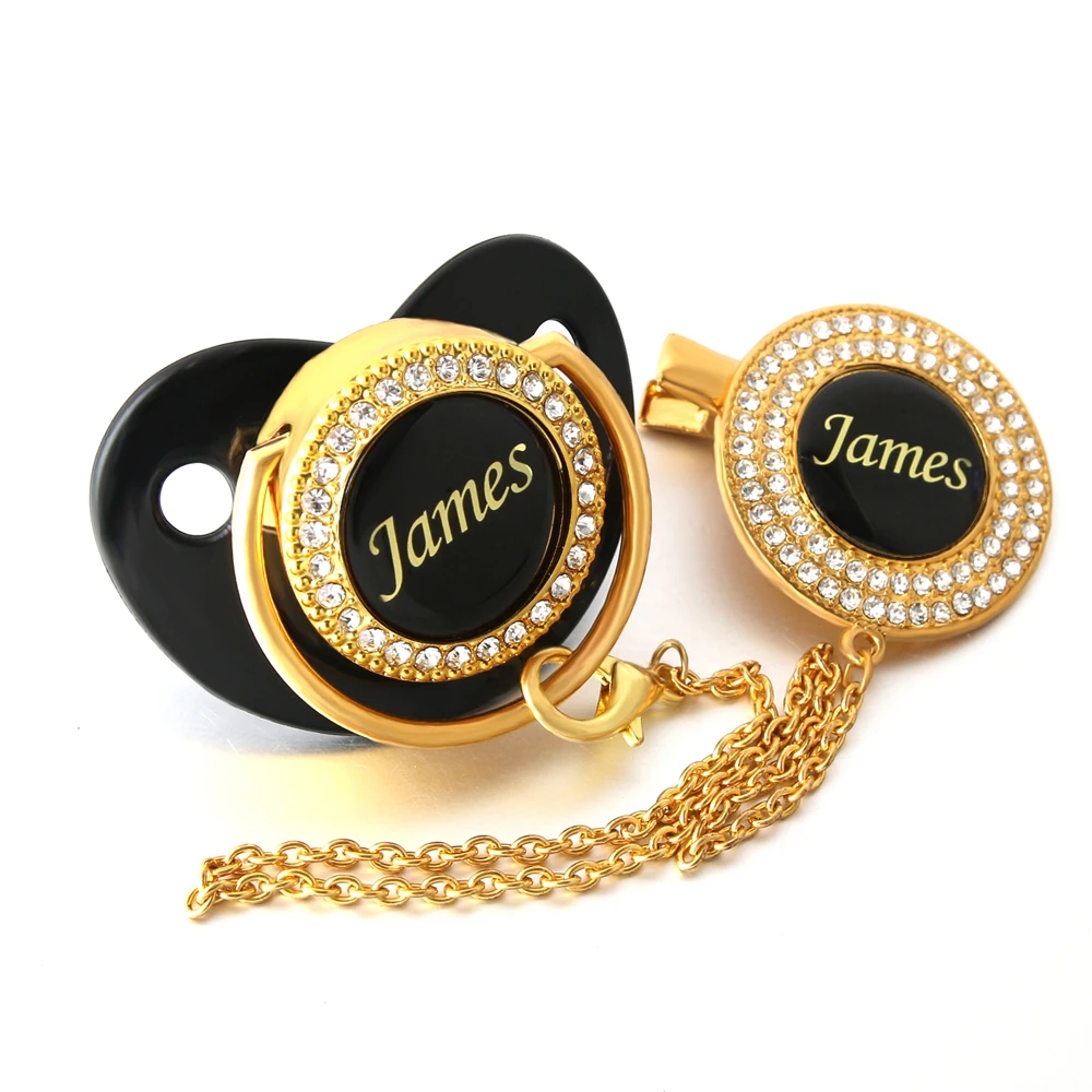 

Customized Any Name Unique Baby Pacifier Black Bling Pacifier and Pacifier Clip BPA free Dummy Best Baby Shower Gift