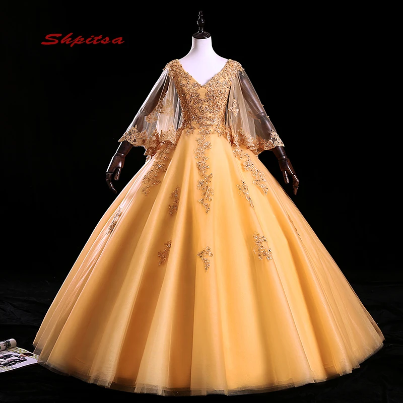 Платья Quinceanera желтого цвета с накидкой сладкий шестнадцать 16 дебютантка принцесса Пышное Бальное платье выпускного вечера платья для 15 лет