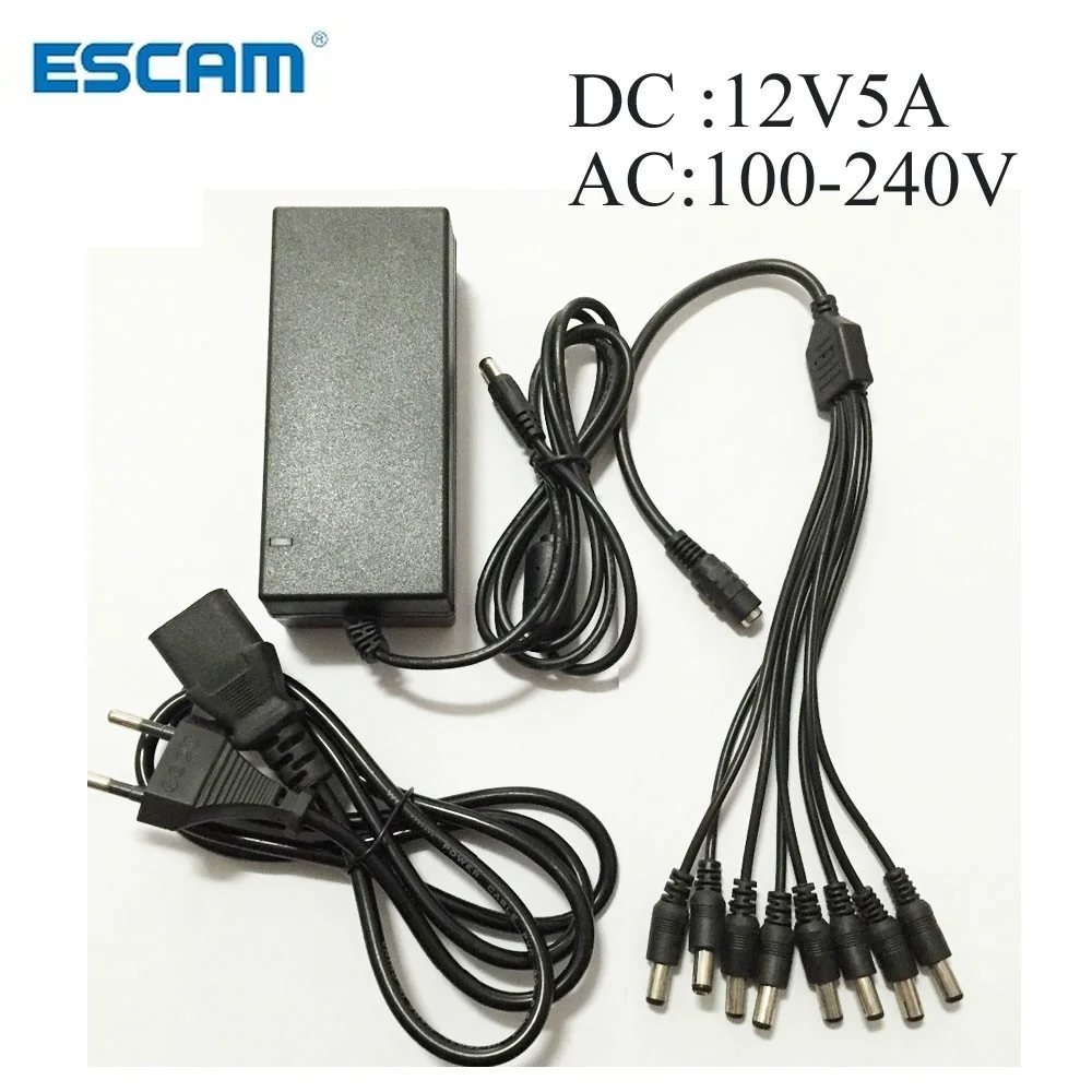 Escam-Adaptador de fuente de alimentación DC 12V 5A, 8 cables de alimentación divididos para cámara de seguridad CCTV DVR analógicos AHD TVI CVI, sistemas de cámara DVR