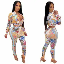 2020 Spring Pattern Printed Women Two Pieces Outfits Elegant Long Sleeves Women Top and Pants Sexy Lady Party Set Real Photos