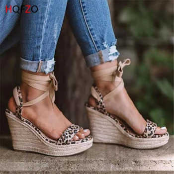 

HQFZO Wedges Heels Sandals Platform Leopard Women Summer Shoes Open Toe Cross-tied 2020 Sandalia Feminina Big Plus Size 35-43