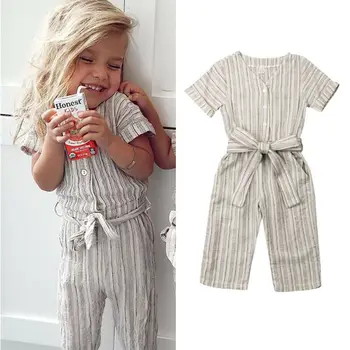 

Emmababy Sweet Kid Baby Girl Child Summer Fashion Short Sleeve Striped Bandage Button Romper Jumpsuit Outfit Clothes Set