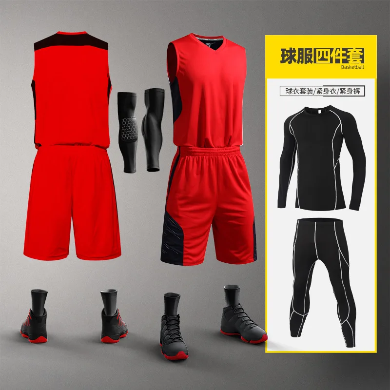 Четыре предмета детских и мужских баскетбольных трикотажных колготок для занятий спортом на осень и зиму, комплекты для бега и соревнований, логотип на заказ - Цвет: Красный