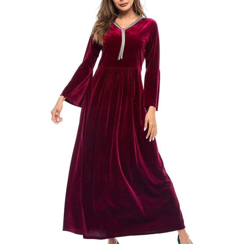 

2019 Muslim Abaya Fashion Women Dresses Patchwork High Waist A-Line Long Flare Sleeves V-Neck Party Casual Robe Female