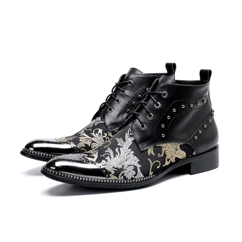 

style black flowers New print lace-up ankle boot fashion low heel Carved oxford pointed toe Martin boots men size 38-46