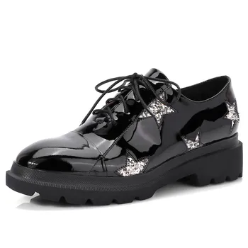 

Women's genuine leather lace-up flats oxfords Sequins star female british style comfortable daily footwear high quality shoes