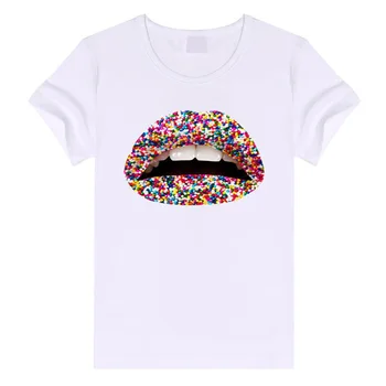 

2019 Ladies T-shirt Summer Lips Print T-shirts Women Summer Spandex Short Sleeve O Neck T-Shirt White Fashion Tops Dropshipping