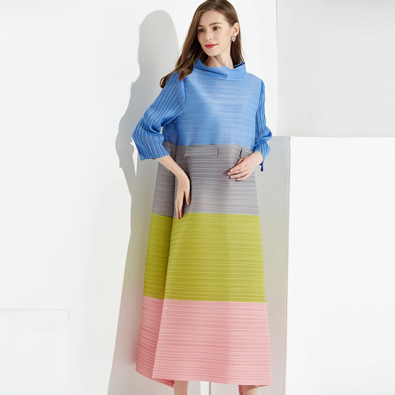 Miyake fold летняя Горячая Распродажа поп-модель складное женское супер-большое свободное цветное платье с длинными рукавами и вертикальным воротником
