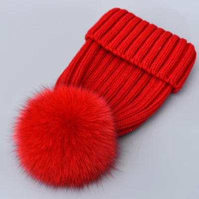 red without velvet Hot Sale Winter Baby Women Kid Hat Real Fox Fur Hats Mom Baby Hat with Pompon Family Matching Beanie Hairball Kids Cap Outfits - Цвет: red without velvet