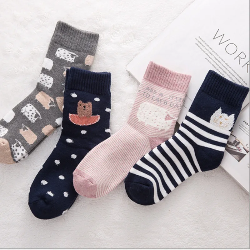 Женские зимние носки, плотные теплые носки из кроличьей шерсти, женские теплые хлопковые носки с лисой, женские Носки с рисунком животных из мультфильмов, носки с узором