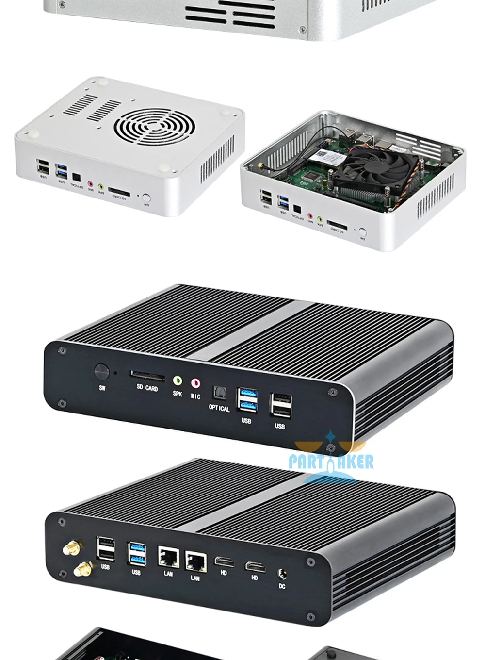 Elevate your gaming experience with Partaker Mini PC, featuring Intel Core i7 1065G7, i5 1035G4, 2 RAM Slots supporting up to 64GB DDR4 RAM, 2 HDMI2.0, 2 LAN, and 8 USB ports. Description Image.This Product Can Be Found With The Tag Names Barebone Mini PC, Computer Office, Mini pc