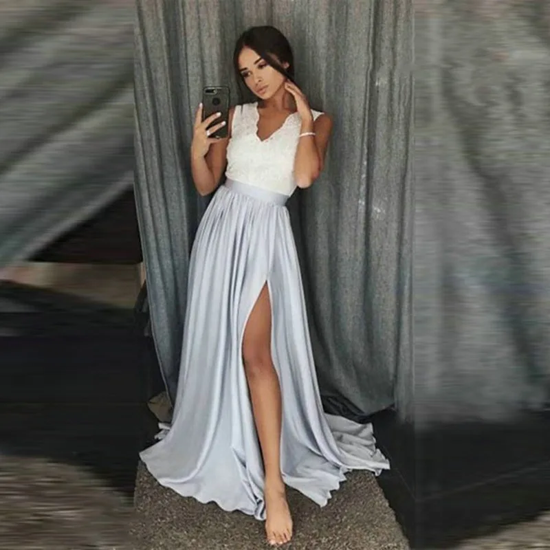 

BBQ085 Front Split Sexy Evening Dresses V-neck Vintage Formal A-line Dress Women 2020 Prom Gowns Sweep Train