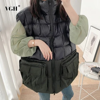 

VGH Patchwork Sustans Vest For Women Stand Collar Sleeveless Hit Color Oversized Streetwear Vests Female 2020 Fashion New Winter