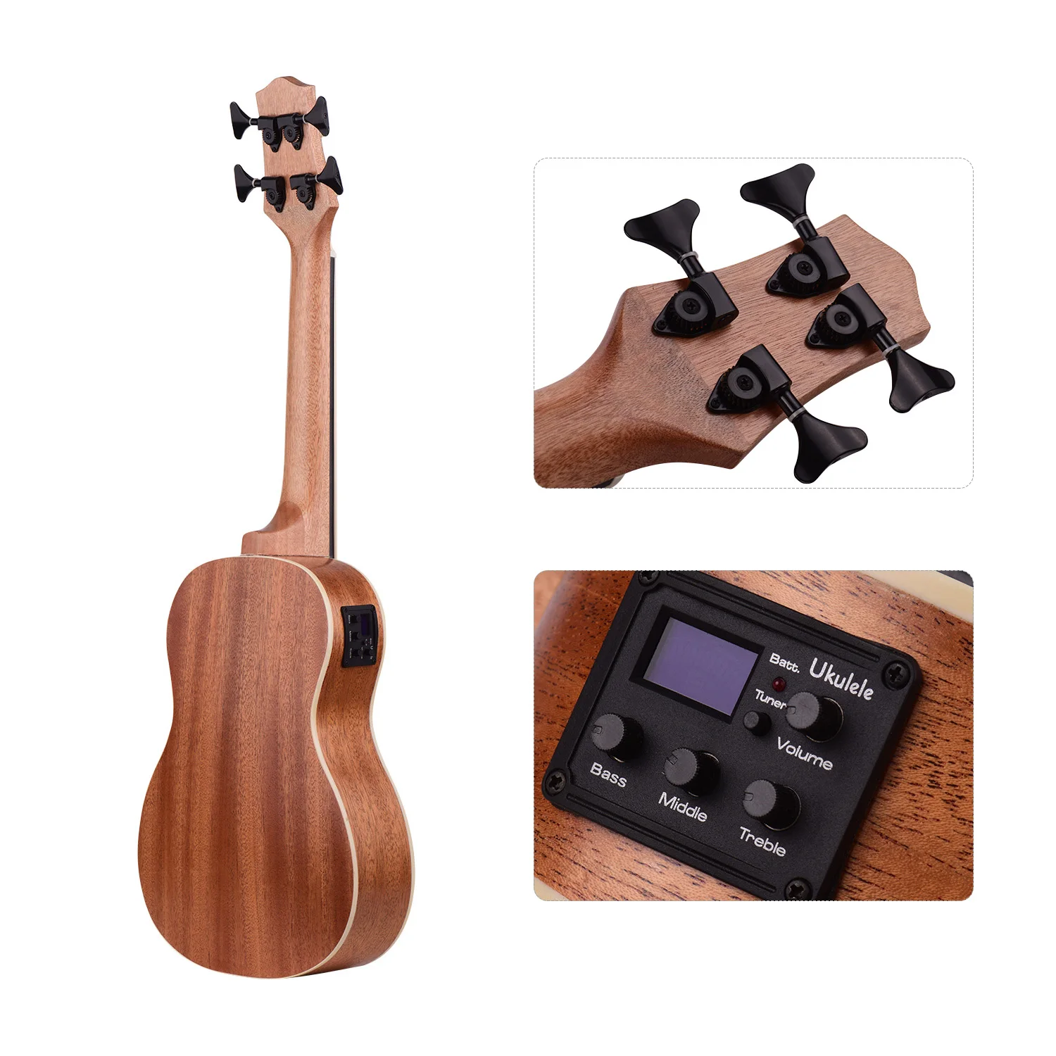 30 дюймов электрический бас укулеле Ukelele Uke Sapele фанерный корпус Padauk гриф резиновые шнурки Встроенный тюнер Эквалайзер с кабелем