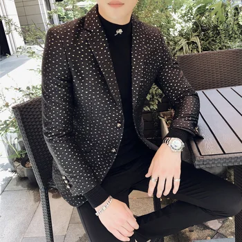 

Casual Men Blazer Polka Dot Print Luxury Suit Jacket Slim Fit Blazers Business Dress Wedding Party Stage Singer Coat Jacket 5XL
