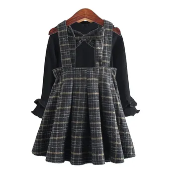 

Kids Fashion Costume Autumn Girls Solid Long Sleeve T-shirt +Plaid Suspender Dress 2 Pcs Teenager Girl Princess Outfits Clothing