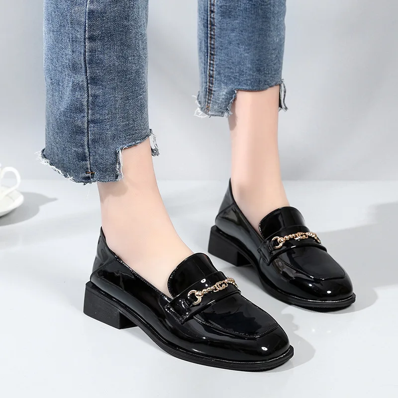 

2019 Spring Summer New Style England Chunky-Heel Loafers Versatile Square Head Loafers Flat Keel Thin Shoes Low Heel WOMEN'S Sho