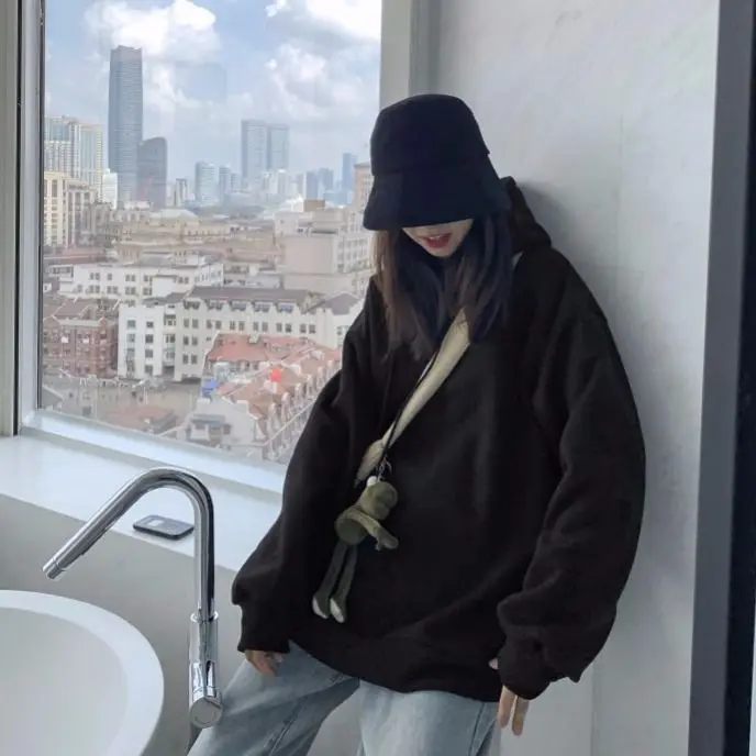 Женские толстовки, одноцветные, яркие цвета, большие размеры, 2XL, свободные, подходят ко всему, для пар, друзей, шикарные, повседневные, высокое качество, зимние, утепленные - Цвет: black