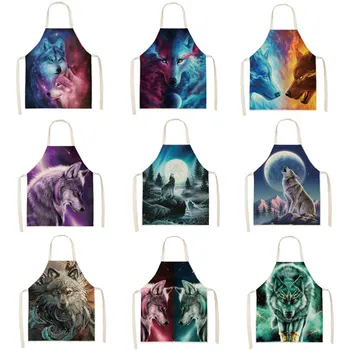 

1Pcs Wolf Night Pattern Cleaning Art Aprons Home Cooking Kitchen Apron Cook Wear Cotton Linen Adult Bibs 53*65cm WQ0177