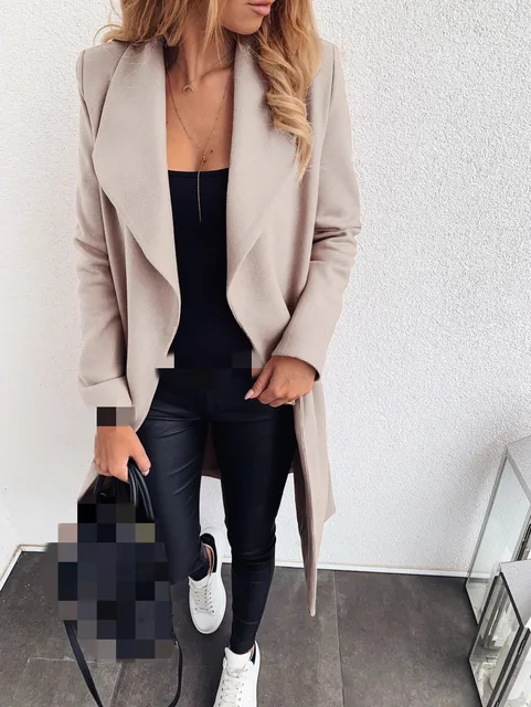 2021 Autumn Winter Black Women's Coat Trench Wool Oversize Warm Lace Up Long Coats Female Elegant Fashion Casual Outerwear Lady creamy-white