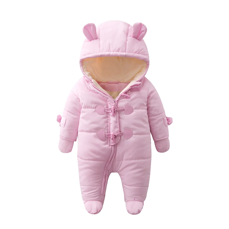 pink Зимний детский комбинезон, теплая одежда для новорожденных мальчиков и девочек, комбинезон с роговыми пуговицами, Детская верхняя одежда с капюшоном для детей 0-24 месяцев - Цвет: pink