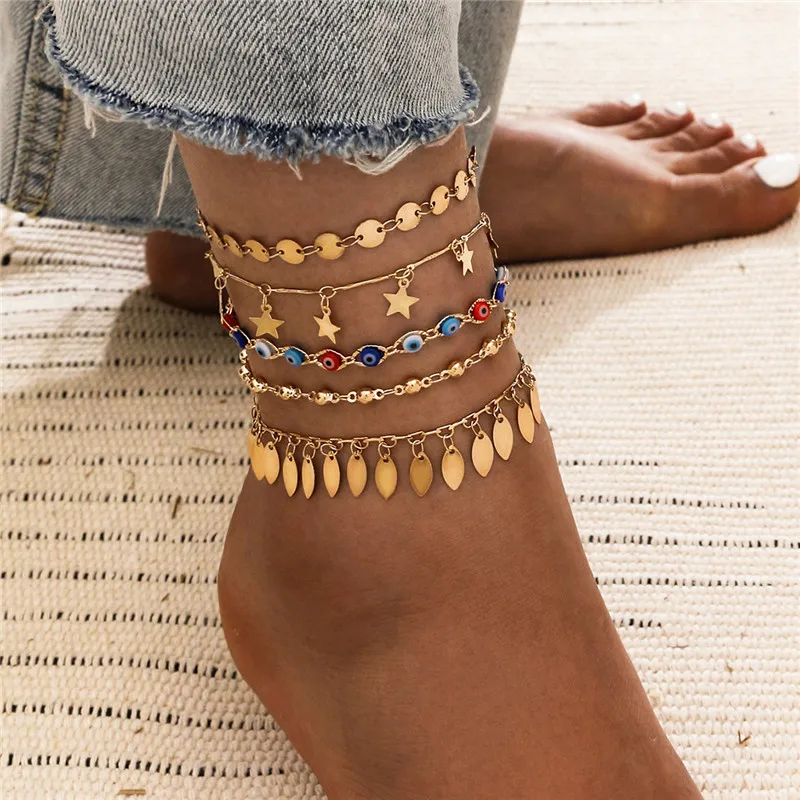 Modyle 5pcs/set Gold Color Stars Beads Leaves Sequins Anklet For Woman Fashion Colorful Evil Eye Anklet Summer Accessories Modyle 5pcs/set Gold Color Stars Beads Leaves Sequins Anklet For Woman Fashion Colorful Evil Eye Anklet Summer Accessories