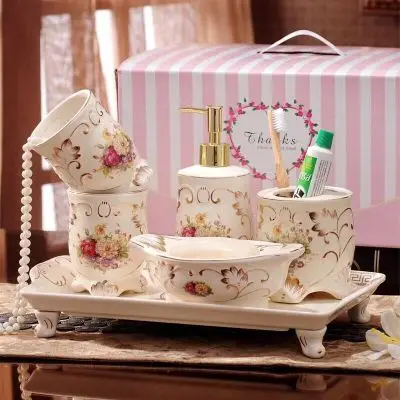 6 pieces set C Набор аксессуаров для ванной комнаты, керамический диспенсер для мыла, держатель для зубных щеток, стакан для полоскания, лоток, набор из 5/6 предметов, Креативные Свадебные подарки - Цвет: 6 pieces set C