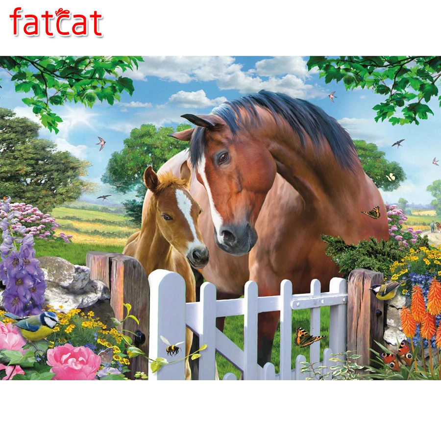 Алмазная 5d живопись FATCAT diy вышивка с лошадью и кормушкой квадратные круглые