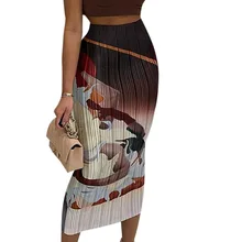 

Pleated Long Skirt For Women 2022 Summer New Style Casual Print Slim Elastic Waist Skirt Fashion Streetwear Femme Pencil Skirt