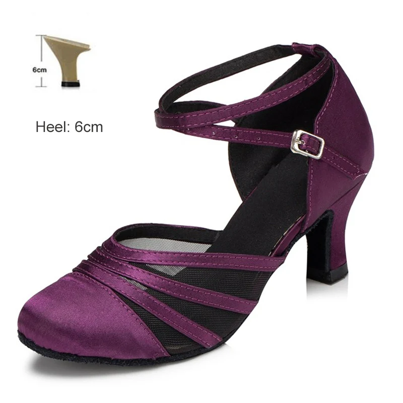 Обувь для бальных танцев для женщин, девушек, дам, Танго/бальных/латинских/современных каблуках, Классические атласные домашние танцевальные туфли, Прямая поставка - Цвет: Purple 6cm