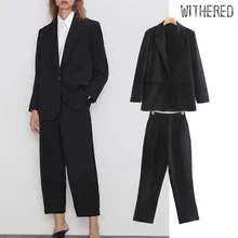 Withered Англия Винтаж Черный блейзер feminino Женский блейзер mujer и свободные костюмы брюки женские комплект из 2 предметов