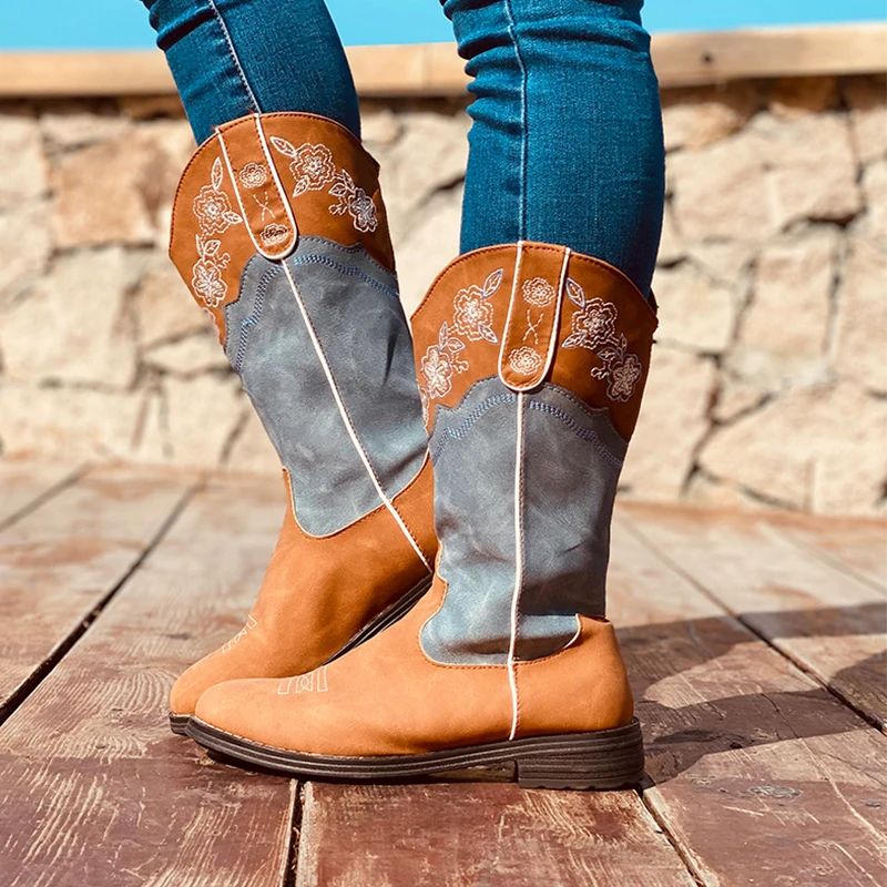 

2020 Autumn Winter Women Boots Embroidery Mid Calf Boots Woman Leather Shoes Female Platform Round Toe Low Heels Plus Size 43