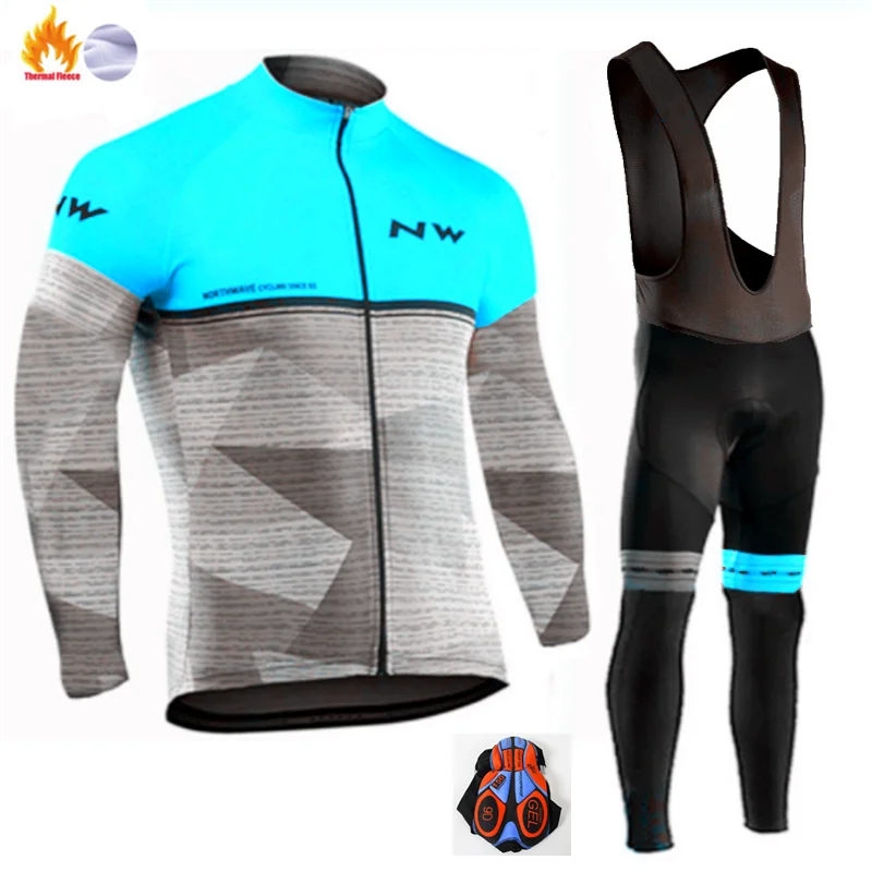 NW термальный флис с длинным рукавом команда Велоспорт Джерси Набор с черным нагрудник брюки зимний открытый спортивный костюм пальто велосипедная одежда - Цвет: Winter Cycling suit