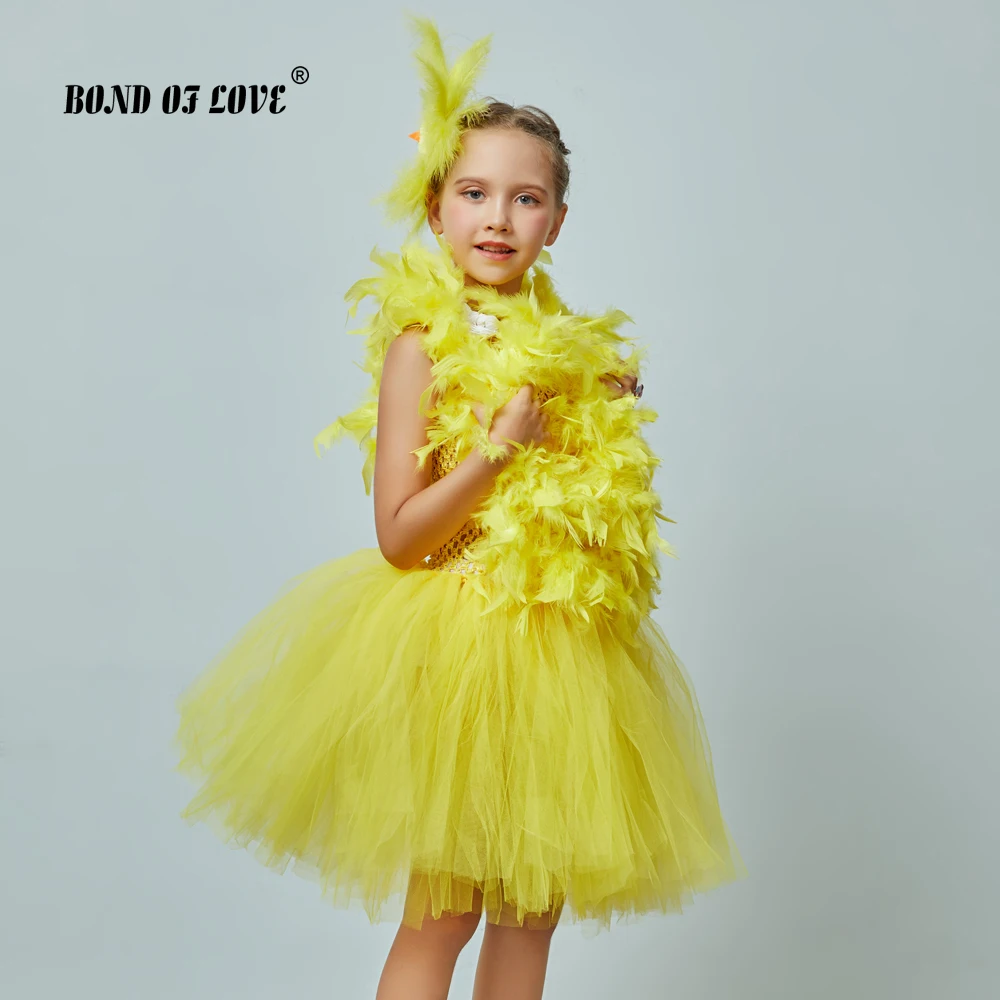 Yellow Chicken Girls Tutu Dress Kids Farm Animal Party Halloween Costume Feather Boas Children Cake Smash Photo Tulle Dress (3)