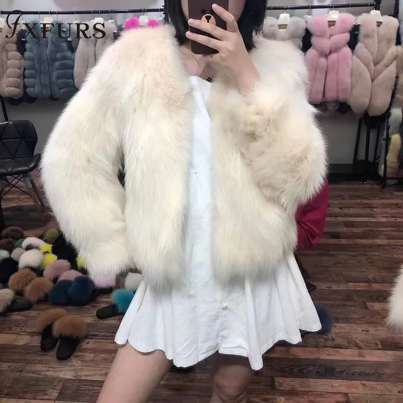 FXFURS новые женские куртки из натурального Лисьего меха, зимняя модная теплая верхняя одежда, роскошные меховые пальто, короткая женская меховая одежда с v-образным вырезом, Повседневная