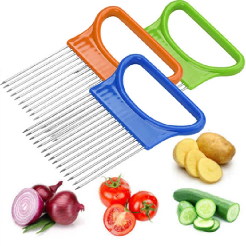 

Stainless Steel Onion Slicer Portable Hand-held Onion Insert For Outing Kitchen Cutting Vegetable Auxiliary Knife Holder Tool