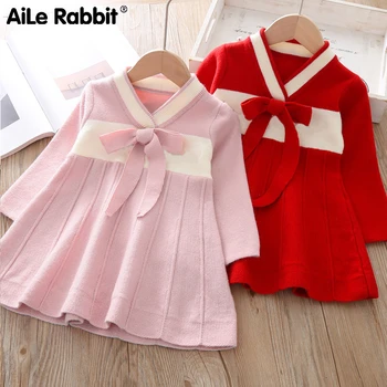 

2019 Autumn New Girls Sweater Dress Long Sleeve Knit Chinese Style Dress Hanfu Red Pink For The Princess Of The Little Girl