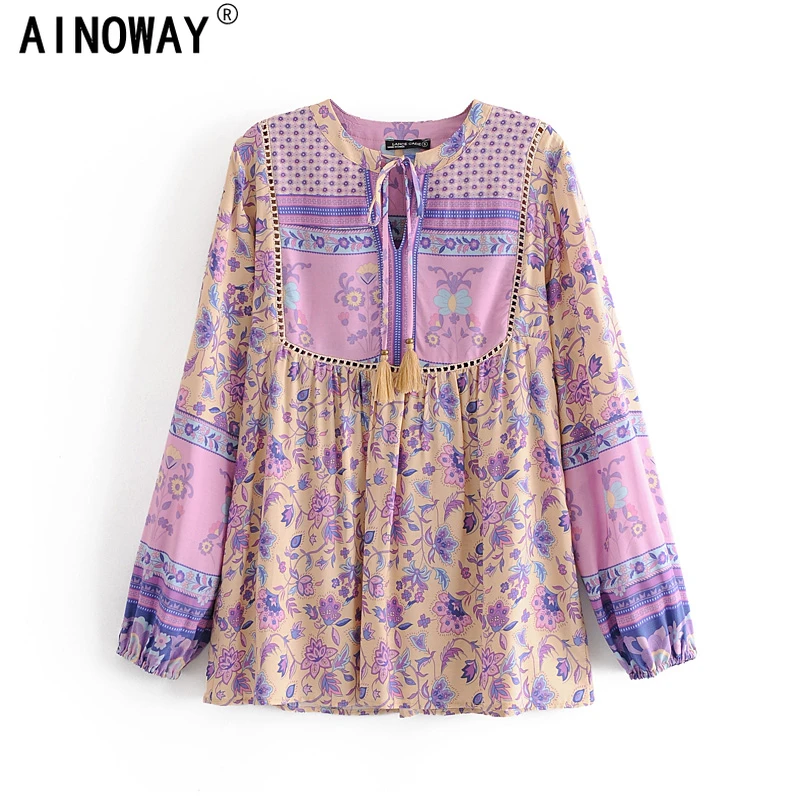 Shirt Ladies Floral-Print Bohemian Rayon Blouse Flare-Sleeve Loose Chic Vintage Women