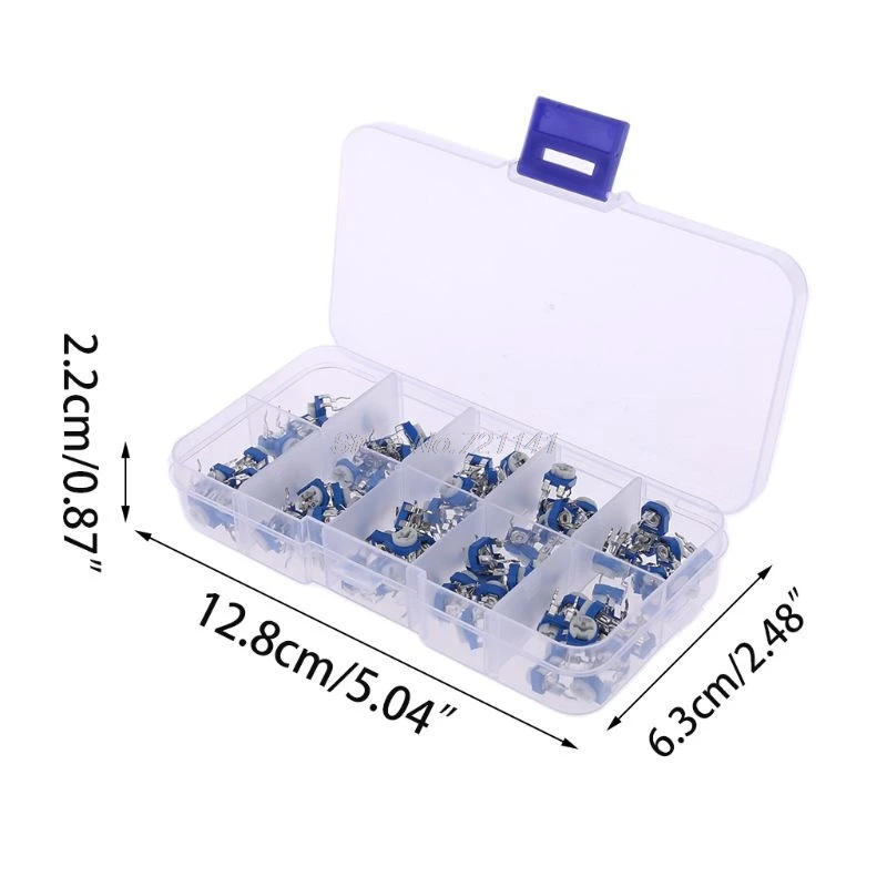 100Pcs/Box RM065 Carbon Film Horizontal Trimpot Potentiometer Assortment Kit 10 Values Variable Resistor 500R-1M
