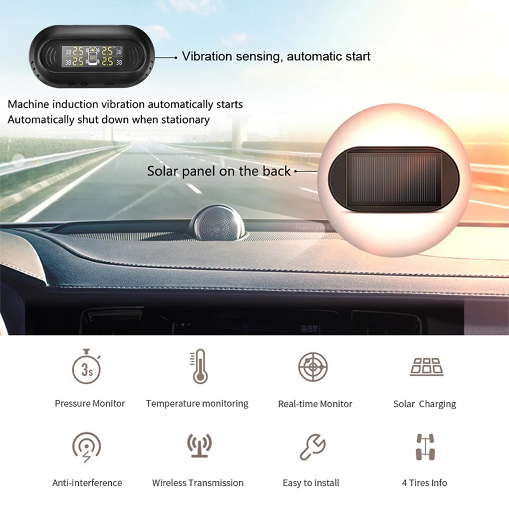 Солнечная энергия автомобиля TPMS датчик давления в шинах черный беспроводной цифровой ЖК-дисплей Четыре датчика s охранная система сигнализации в шинах