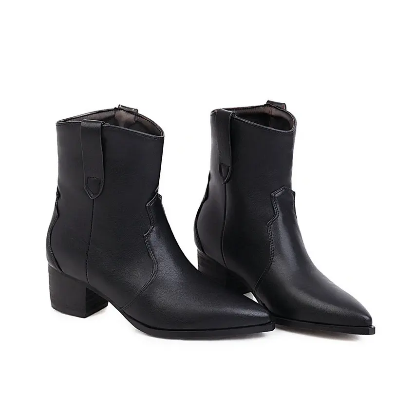 black-pu leather QUTAA/ г. Ботильоны из искусственной кожи без застежки на квадратном каблуке универсальная женская обувь с острым носком, Осень-зима размеры 34-43 - Цвет: black-pu leather