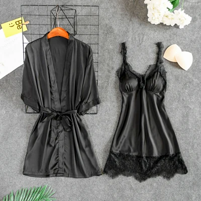 Fiklyc underwear women's sexy padded chest robe& gown sets lace& satin patchwork V-neck mini nightdress+ robes pijamas NEW - Цвет: black set